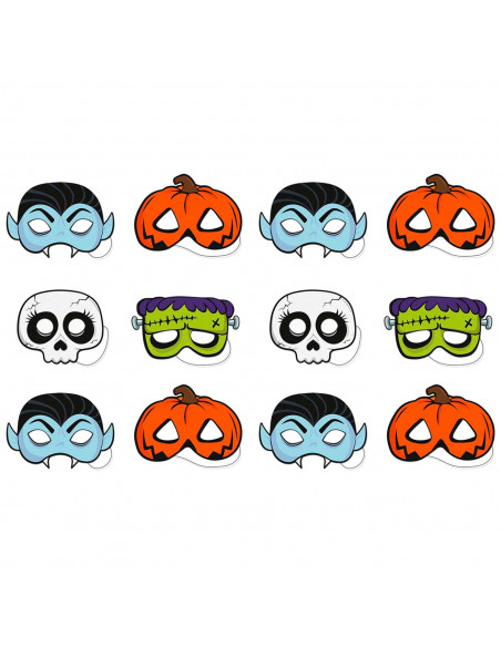 Tradineur - Pack de 12 Máscaras Truco o trato para halloween - Varios diseños: Calavera, Vampiro, Calabaza y Frankenstein - 14 x