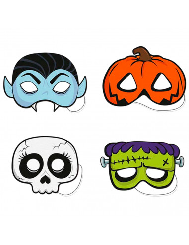 Tradineur - Pack de 12 Máscaras Truco o trato para halloween - Varios diseños: Calavera, Vampiro, Calabaza y Frankenstein - 14 x