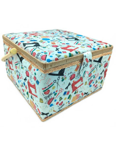 Tradineur - Caja de Costura Portátil Cuadrada - Fabricado en Madera y Poliéster - Cuenta con Bandeja de 7 Compartimentos - Ideal