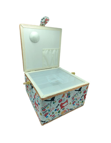Tradineur - Caja de Costura Portátil Cuadrada - Fabricado en Madera y Poliéster - Cuenta con Bandeja de 7 Compartimentos - Ideal