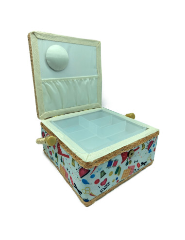 Tradineur - Caja de Costura Portátil Cuadrada - Fabricado en Madera y Poliéster - Cuenta con Bandeja de 4 Compartimentos - Ideal