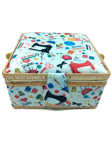 Tradineur - Caja de Costura Portátil Cuadrada - Fabricado en Madera y Poliéster - Cuenta con Bandeja de 4 Compartimentos - Ideal
