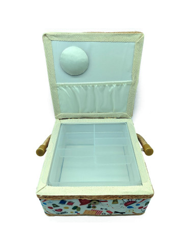 Tradineur - Caja de Costura Portátil Cuadrada - Fabricado en Madera y Poliéster - Cuenta con Bandeja de 4 Compartimentos - Ideal