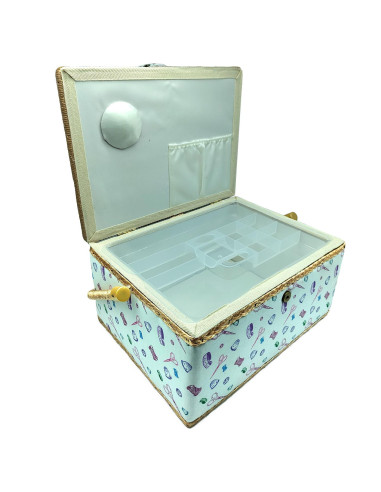 Tradineur - Caja de Costura Portátil Rectangular - Fabricado en Madera y Poliéster - Cuenta con Bandeja de 7 Compartimentos - Id