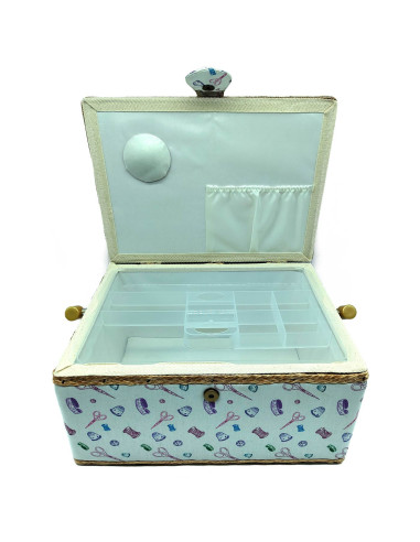 Tradineur - Caja de Costura Portátil Rectangular - Fabricado en Madera y Poliéster - Cuenta con Bandeja de 7 Compartimentos - Id