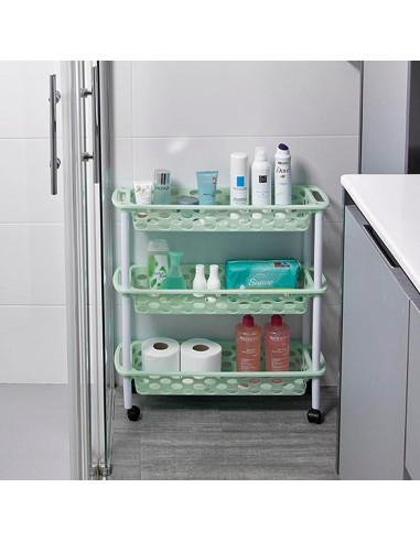 Tradineur - Carrito verdulero de plástico con 3 Niveles y Ruedas - PLFT Aire Slim - Cestas apilables portaobjetos - 61 x 58 x 18