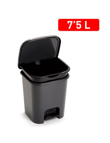 Tradineur - Cubo de basura con pedal, plástico, papelera, oficina, cocina, baño, fabricado en España (Negro - 7,5 litros - 25,5