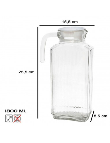 Tradineur - Jarra de vidrio para servir agua, bebidas frías, limonada, frigorífico, nevera, cocina (Tapa blanca - 1800 ml - 25,5