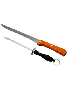 Tradineur - Set de cuchillo jamonero y afilador, acero inoxidable, hoja de 24 cm, mango ergonómico, cortado de jamón, corte prec