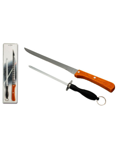 Tradineur - Set de cuchillo jamonero y afilador, acero inoxidable, hoja de 24 cm, mango ergonómico, cortado de jamón, corte prec