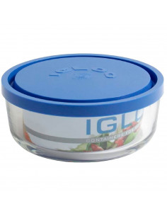 Fiambrera redonda de cristal con tapa de plástico aislante color azul 15 cm de diámetro apto para microondas