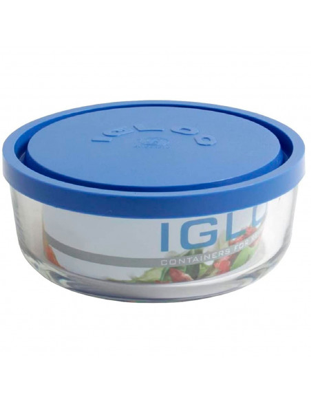 Fiambrera redonda de cristal con tapa de plástico aislante color azul 15 cm de diámetro apto para microondas