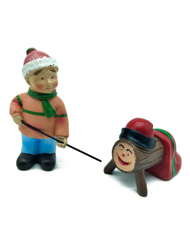 Tradineur - Set de 2 Figuras Pastor niño y Tió para Belén - Estilo Naïf - Fabricado en Marmolina - Adorno divertido para nacimie