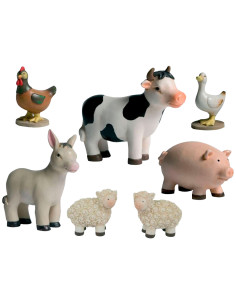 Tradineur - Set de 7 Figuras de animales para Belén - Vaca, Burro, Gallo, Pato y 2 ovejas - Adorno divertido para nacimiento, Na