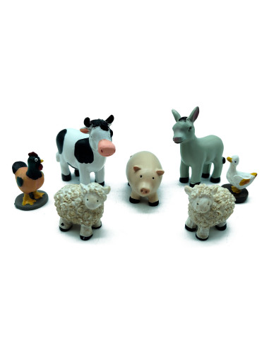 Tradineur - Set de 7 Figuras de animales para Belén - Vaca, Burro, Gallo, Pato y 2 ovejas - Adorno divertido para nacimiento, Na