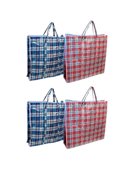 Tradineur - Pack de 4 bolsas plásticas de rafia, incluyen cremallera y asas, reutilizables, mudanzas, almacenamiento de ropa, ju