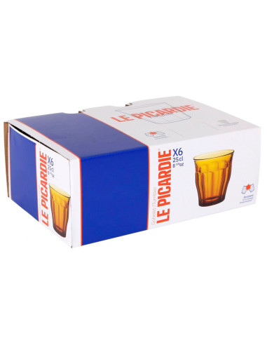 Tradineur - Caja de 6 Vasos Modelo Le Picardie Ámbar - Capacidad de 25 CL (8 3/8 Oz) - Fabricado en Vidrio Resistente - Apto par