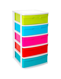 Tradineur - Cajonera de plástico Sena, 5 cajones multicolor, torre de ordenación multiusos, almacenaje, escuela, hogar, fabricad