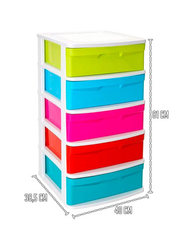 Tradineur - Cajonera de plástico Sena, 5 cajones multicolor, torre de ordenación multiusos, almacenaje, escuela, hogar, fabricad