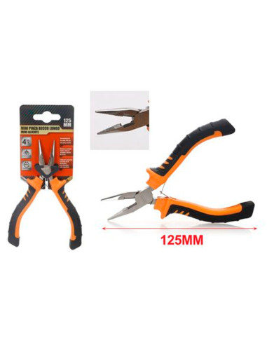Tradineur - Alicate Mini Punta Larga - Longitud de 125 mm - Fabricado en Acero - Mango ergonómico - Herramienta manual de bricol