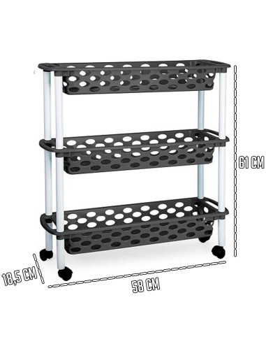 Tradineur - Carrito verdulero de plástico con 3 Niveles y Ruedas - PLFT Aire Slim - Cestas apilables portaobjetos - 61 x 58 x 18
