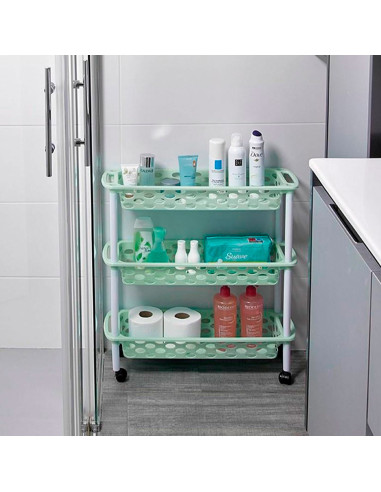 Tradineur - Carrito verdulero de plástico con 3 Niveles y Ruedas - PLFT Aire Slim - Cestas apilables portaobjetos - 61 x 58 x 18