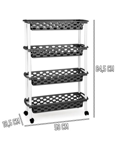 Tradineur - Carrito verdulero de plástico con 4 Niveles y Ruedas - PLFT Aire Slim - Cestas apilables portaobjetos - 84,5 x 58 x