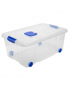 Tradineur - Caja de plástico nº3  transparente con ruedas de 25,7 x 59  x 40,5 cm, 36 litros, baúl con tapa para organización de