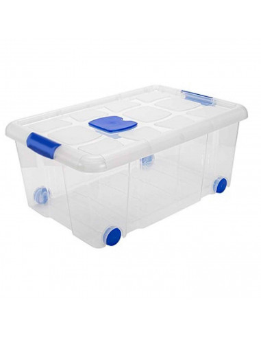 Tradineur - Caja de plástico nº3  transparente con ruedas de 25,7 x 59  x 40,5 cm, 36 litros, baúl con tapa para organización de