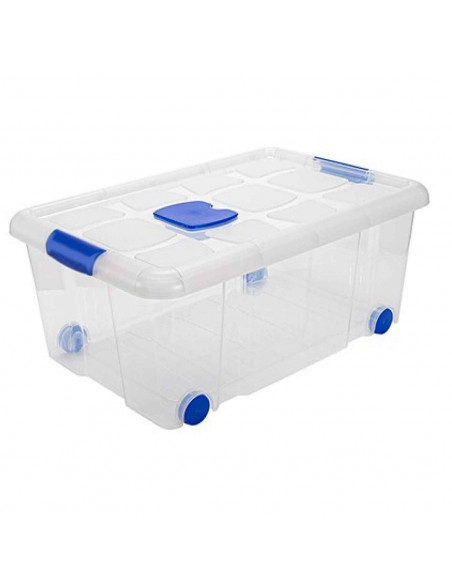 Tradineur - Caja de plástico nº3  transparente con ruedas de 25,7 x 59  x 40,5 cm, 36 litros, baúl con tapa para organización de
