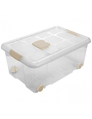 Tradineur - Caja de plástico nº3  transparente con ruedas de 25,7 x 59  x 40,5 cm, 36 litros, baúl con tapa para organización de