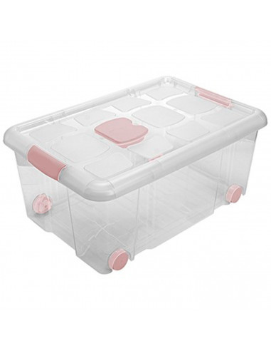 Tradineur - Caja de plástico nº3  transparente con ruedas de 25,7 x 59  x 40,5 cm, 36 litros, baúl con tapa para organización de