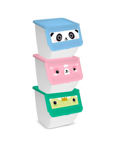 Tradineur - Pack de 3 contenedores apilables de plástico, cajas almacenaje basura, reciclaje y ordenación (Oso Panda, Conejo y R