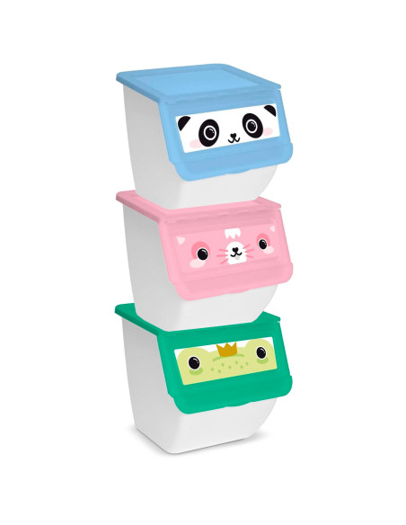 Tradineur - Pack de 3 contenedores apilables de plástico, cajas almacenaje basura, reciclaje y ordenación (Oso Panda, Conejo y R