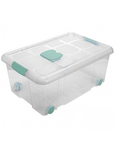 Tradineur - Caja de plástico nº3  transparente con ruedas de 25,7 x 59  x 40,5 cm, 36 litros, baúl con tapa para organización de