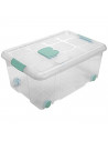 Tradineur - Caja de plástico nº3  transparente con ruedas de 25,7 x 59  x 40,5 cm, 36 litros, baúl con tapa para organización de