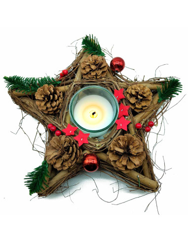 Tradineur - Portávelas con forma de Estrella - Fabricación de madera - Artículo para la decoración Navidad - 10 x 35 x 33 cm