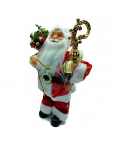 Tradineur - Figura de Papa Noel con Bolsa de regalo y bastón Dorado - Fabricado en Poliéster y Plástico - Artículo decorativo pa