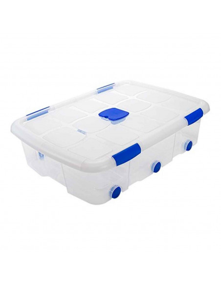 Caja de ordenación de plástico nº 14 transparente, con tapa, ruedas y asas, capacidad 56 litros, 20.5 x 76.8 x 56.5 Caja de ordenación de plástico nº 14 transparente, con tapa, ruedas y asas, capacidad 56 litros, 20.5 x 76.8 x 56.5
