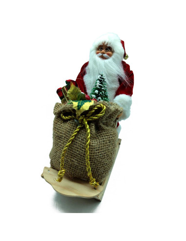 Tradineur - Figura de Papa Noel en Trineo de Nieve - Fabricado en Poliéster y Madera - Artículo decorativo para Navidad - 23 x 1