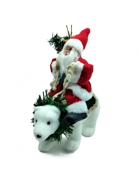 Tradineur - Figura de Papa Noel Montado en Oso Polar - Fabricado en Poliéster - Artículo decorativo para Navidad - 30 x 16 x 25