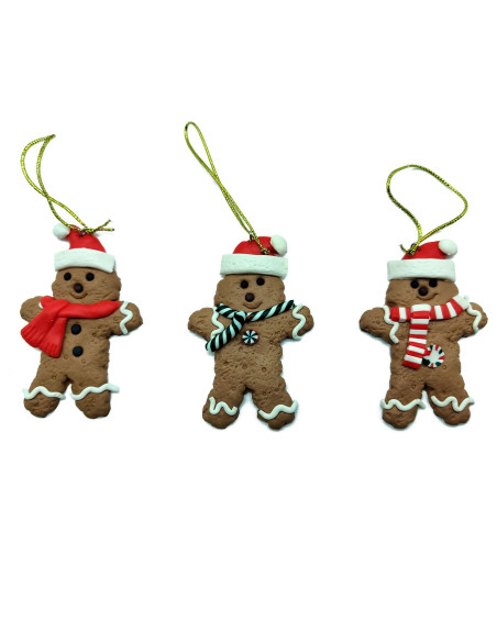 Tradineur - Pack de 3 colgantes de figura de galletas de jengibre - Fabricado en Plástico - Cordón dorado - Artículo para decora