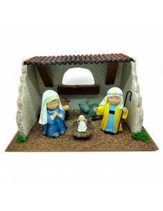 Tradineur - Cueva de nacimiento con 3 figuras: María, José y el Niño Jesús para Belén - Estilo Naïf - Marmolina - Adorno diverti