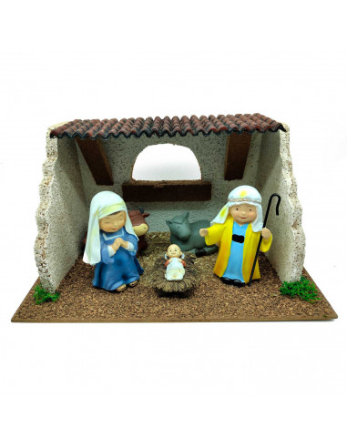 Tradineur - Cueva de nacimiento con 3 figuras: María, José y el Niño Jesús para Belén - Estilo Naïf - Marmolina - Adorno diverti