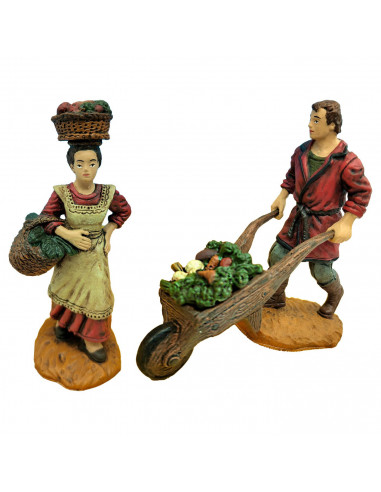 Tradineur - Set de 2 Figuras para belén: Carretillero y mujer con cesta - Fabricado en Marmolina - Adorno decorativo para nacimi
