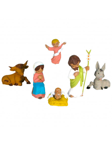 Tradineur - Set de 6 figuras de nacimiento: Burro, vaca, Ángel, María, Jose y el Niño Jesús para Belén - Estilo Naïf - Marmolina