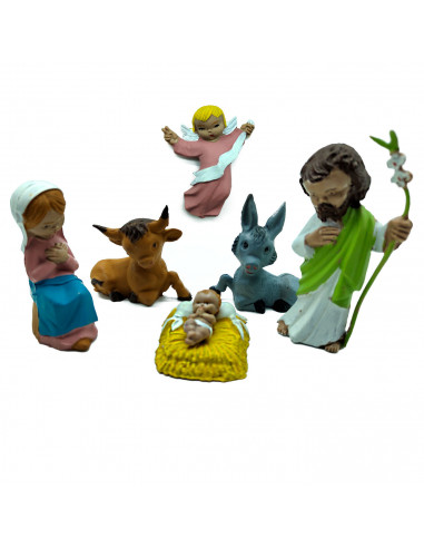 Tradineur - Set de 6 figuras de nacimiento: Burro, vaca, Ángel, María, Jose y el Niño Jesús para Belén - Estilo Naïf - Marmolina