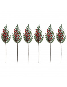 Tradineur - Pack de 6 pick de pino con bayas rojas escarchadas - Fabricado en Plástico - Decoración navideña - 36 cm de logitud