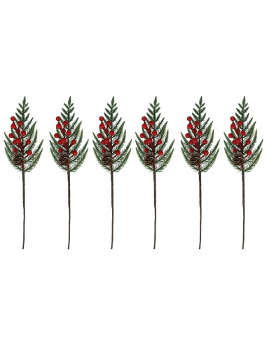 Tradineur - Pack de 6 pick de pino con bayas rojas escarchadas - Fabricado en Plástico - Decoración navideña - 36 cm de logitud