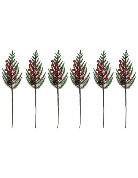 Tradineur - Pack de 6 pick de pino con bayas rojas escarchadas - Fabricado en Plástico - Decoración navideña - 36 cm de logitud